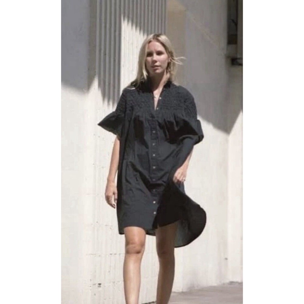 OLYMPIA ETAL Ireland Medium Black Mini Shirt Dress Diamond Smocked Airy $275